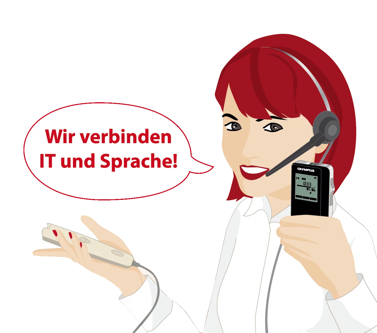 Frau mit Sprechblase: Wir verbinden IT und Sprache